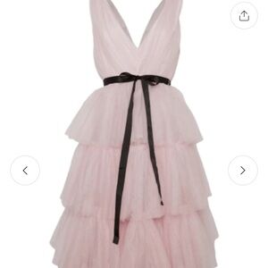 Elegant Pink Midi Dress with Black Ribbon